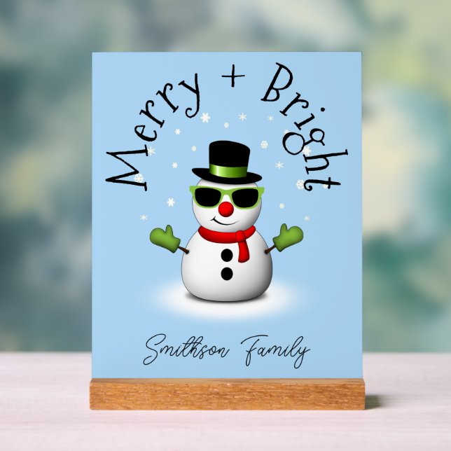 Cool Snowman Merry Bright Christmas Custom Family  Acrylic Sign (Neutral)