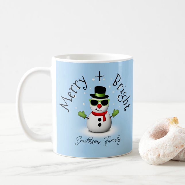 Cool Snowman Merry Bright Christmas Custom Family  Coffee Mug (With Donut)