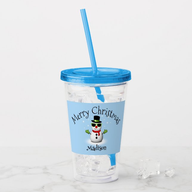 Cool Snowman Merry Christmas Custom Family name Acrylic Tumbler (Front Ice)