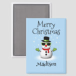 Cool Snowman Merry Christmas Winter Custom name Magnet<br><div class="desc">Cool Snowman Merry Christmas Winter Custom name magnet. Customise cute unique kid's gift. Illustration of a cool snowman with green sunglasses and gloves,  red scarf,  and black top hat on light blue.</div>