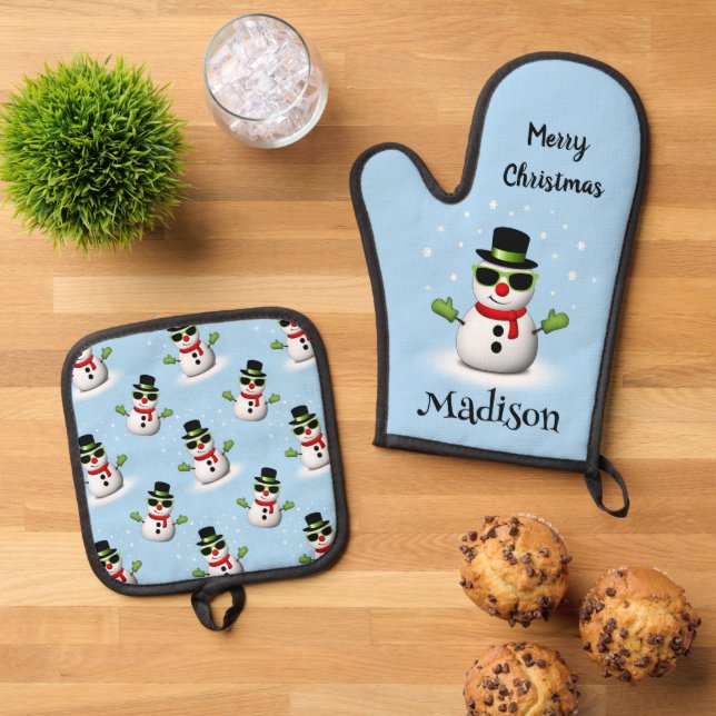Cool Snowman Merry Christmas Winter Custom name Oven Mitt & Pot Holder Set (Top Down)