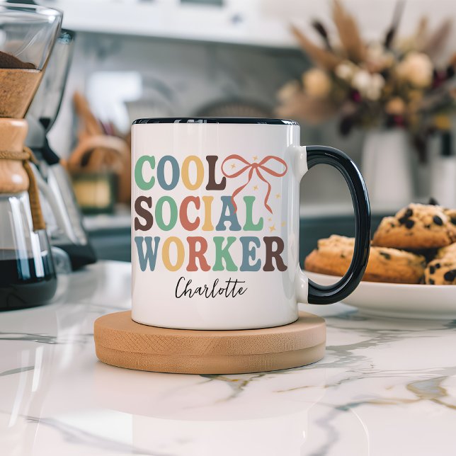 Cool Social Worker Retro Coquette Custom Mug (retro social worker gift, coquette mug, social worker appreciation, custom mug for social worker,)