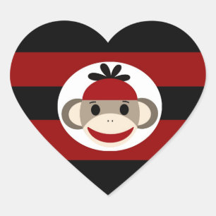 Cool Sock Monkey Beanie Hat Red Black Stripes Heart Sticker