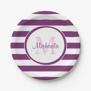 Cool Solid Magenta Purple Stripes and Monogram Paper Plate
