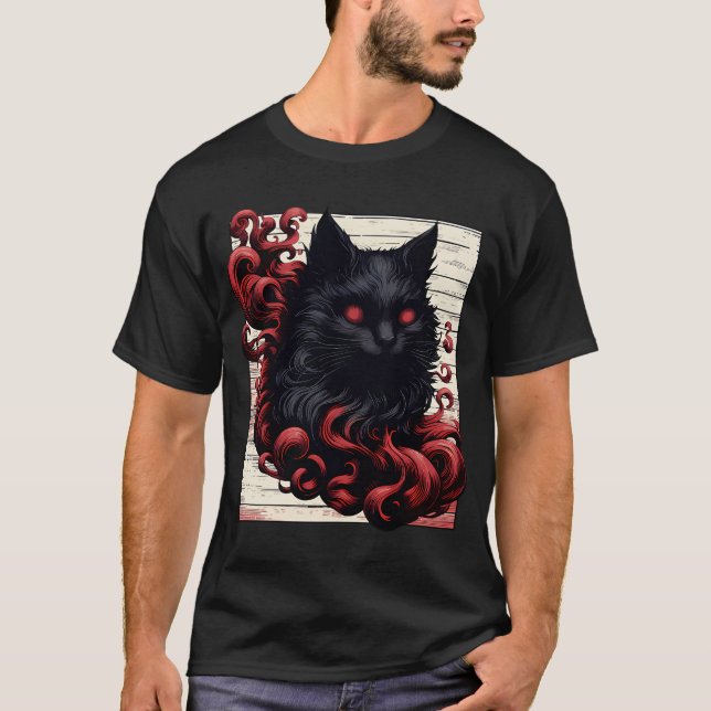 Cool Spooky Abstract Art Black Cat Demon T-Shirt (Front)