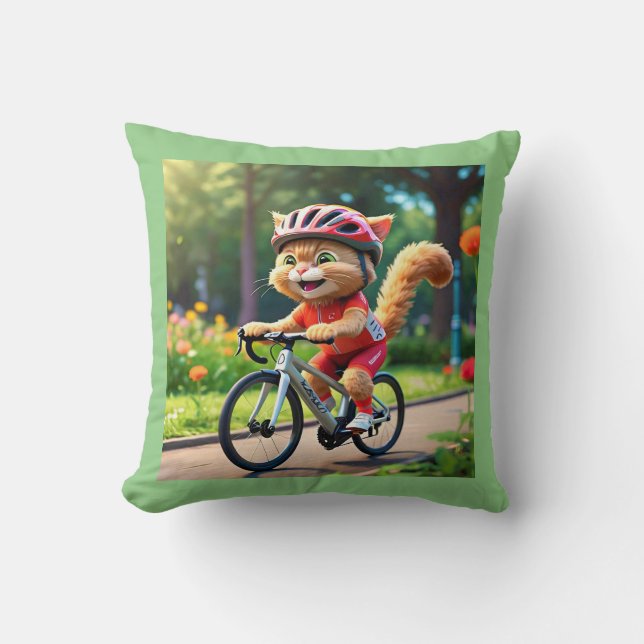 Cool Sporty Cat on Bicycle Throw Pillow (Front)