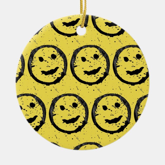 Cool Stained Happy Smiling face pattern yellow Ceramic Tree Decoration (Front)