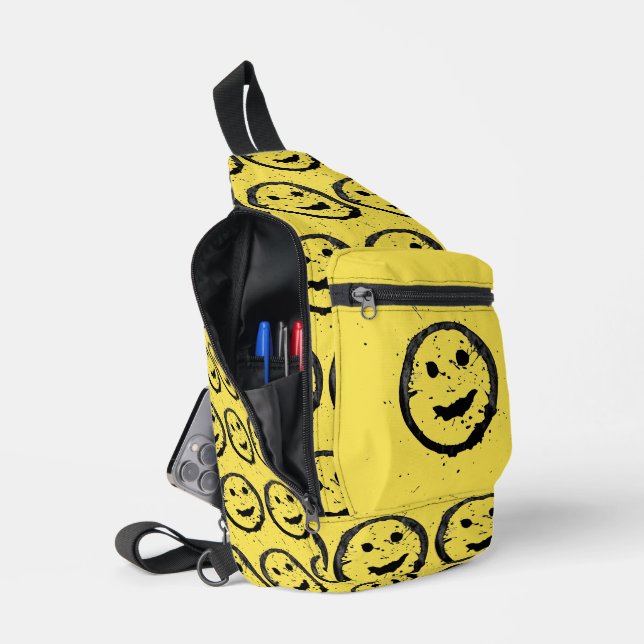 Cool Stained Happy Smiling face pattern yellow Sling Bag (Open)