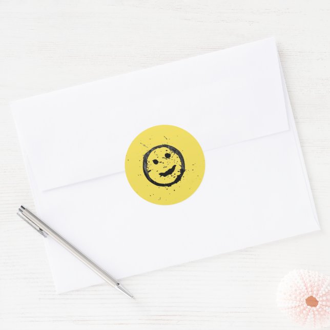 Cool Stained Happy Smiling face yellow Classic Round Sticker (Envelope)