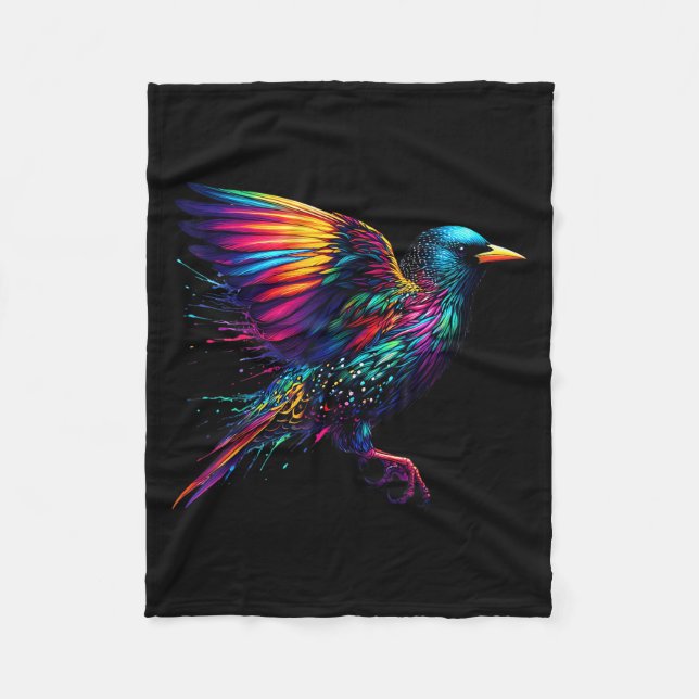 Cool Starling Bird Srit Animal Illustration Tie Dy Fleece Blanket (Front)
