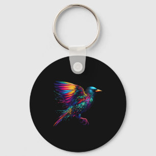 Cool Starling Bird Srit Animal Illustration Tie Dy Key Ring