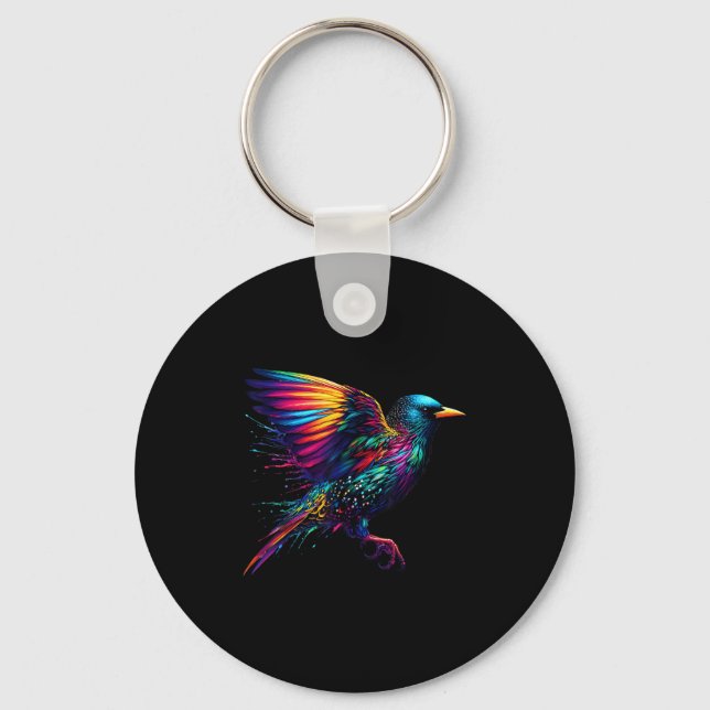 Cool Starling Bird Srit Animal Illustration Tie Dy Key Ring (Front)
