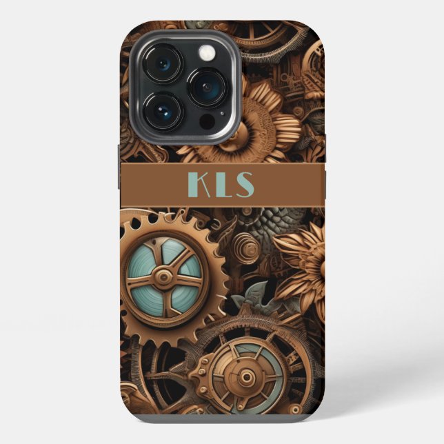 Cool Steampunk Brown & Teal Cogs & Flowers iPhone Case (Back)