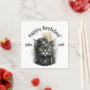 Cool Steampunk Cat Name and Age Text Napkin