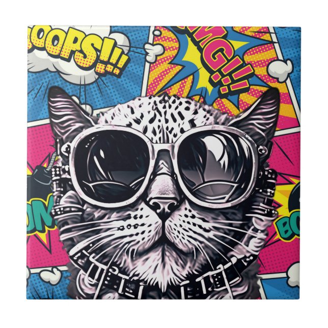 Cool Steampunk Cat with Sunglasses - Retro Comic  Tile (Front)