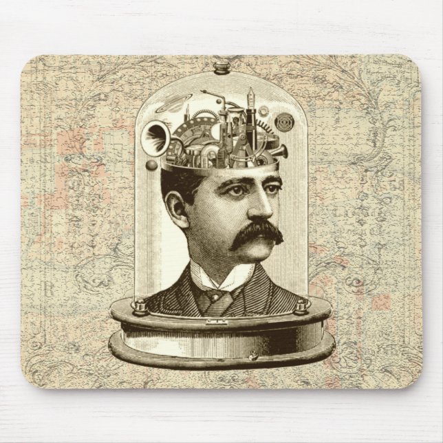 Cool Steampunk clockwork brain, head in jar art Mouse Mat (Front)