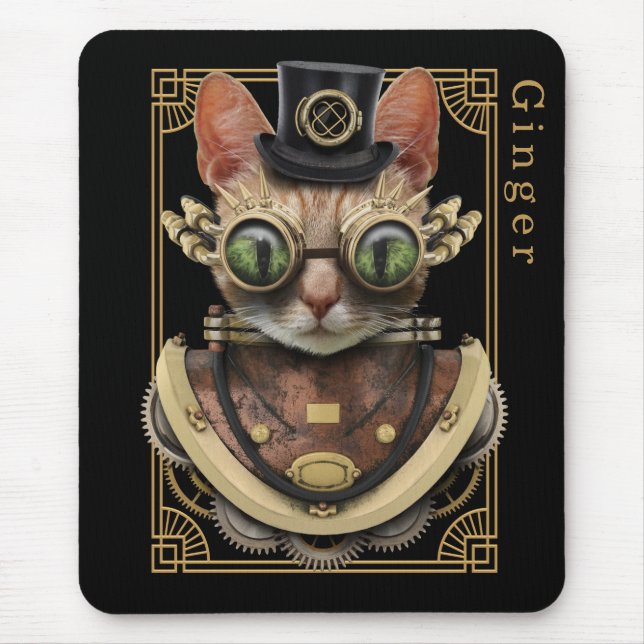 Cool Steampunk Orange Tabby Cat with Name Mouse Mat (Front)