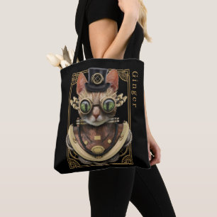 Cool Steampunk Orange Tabby Cat with Name Tote Bag