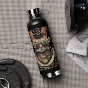 Cool Steampunk Orange Tabby Cat with Name Water Bottle