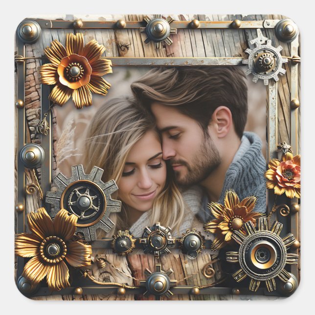 Cool Steampunk Personalised Photo Square Sticker (Front)