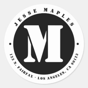 Cool Stencil Monogram Black & White Return Address Classic Round Sticker