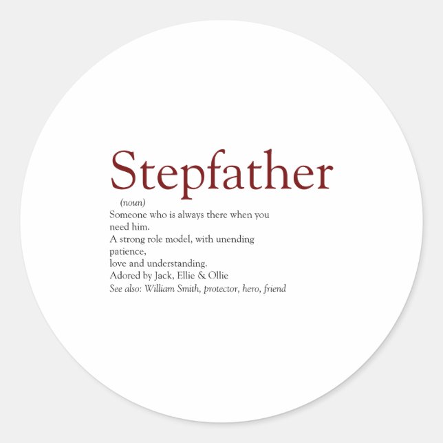 Cool Stepfather Stepdad Definition Fun Gray Kids  Classic Round Sticker (Front)