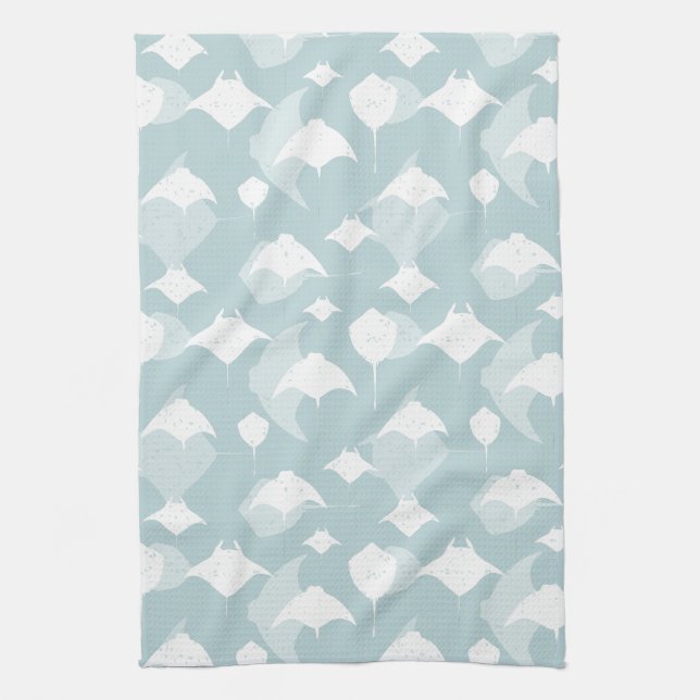 Cool Stingrays Blue White Ocean Print Tea Towel (Vertical)