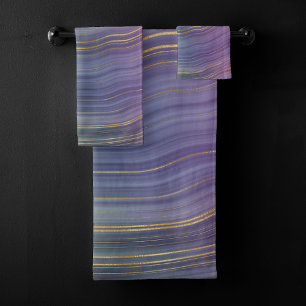 Cool Strata   Beautiful Blue Purple and Gold Agate Bath Towel Set