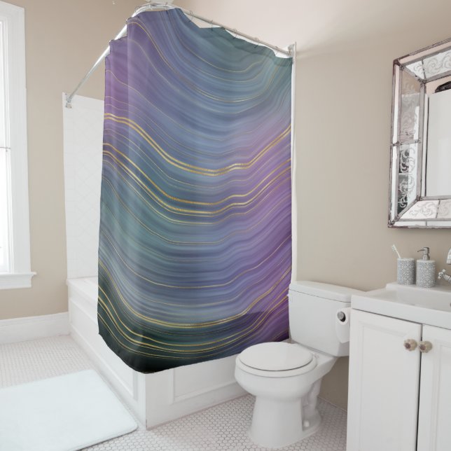 Cool Strata | Beautiful Blue Purple and Gold Agate Shower Curtain (In Situ)