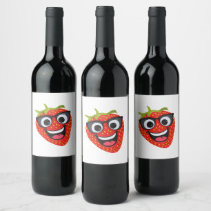 Cool Strawberry Character – Fun Kawaii Fruit Art Wine Label