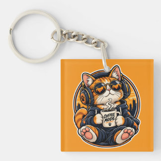Cool Streetwear Cat Drinking Coffee Key Ring