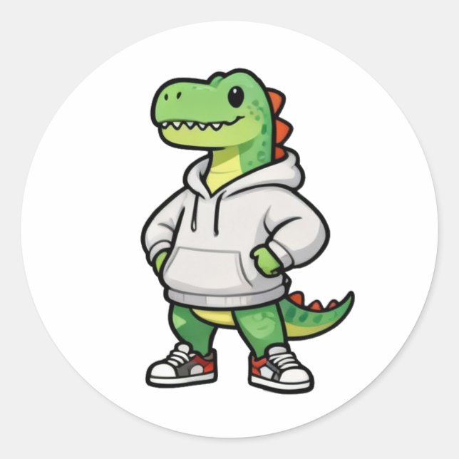 Cool Streetwear Dinosaur Hoodie Kids Design Classic Round Sticker (Front)