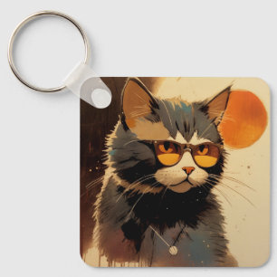 Cool Streetwear Graffiti Cat with Sunglasses Key Ring