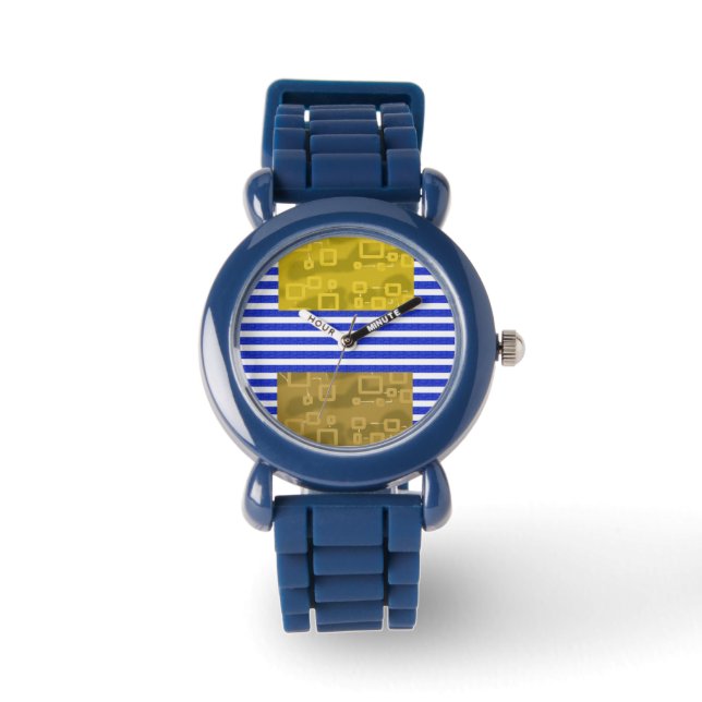 Cool Stripes Blue Gold Geometric  Watch (Front)