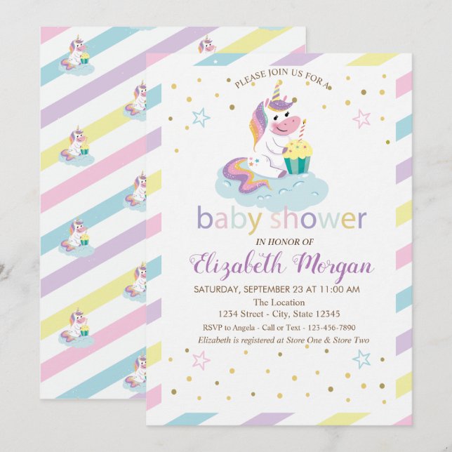 Cool Stripes Stars Unicorn Baby Shower Invitation (Front/Back)