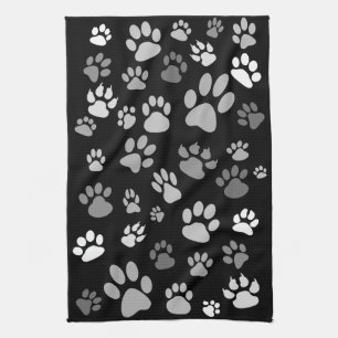Cool Stylish Black & White Scattered Paw Prints Tea Towel