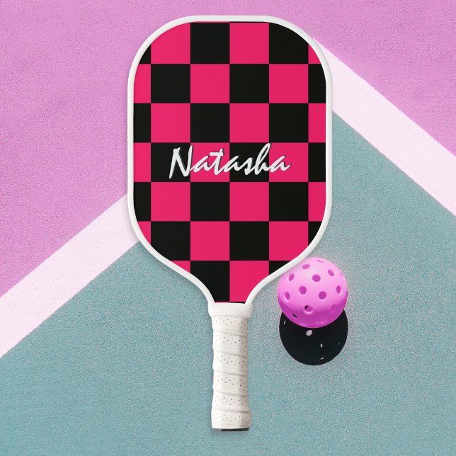 Cool Stylish Hot Pink Black Chequered Patterned Pickleball Paddle (A personalized pickleball paddle, with an eye-catching hot pink and black check pattern)