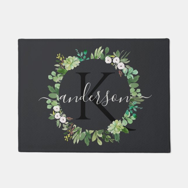 COOL SUCCULENT WREATH FOLIAGE WATERCOLOR MONOGRAM DOORMAT (Front)