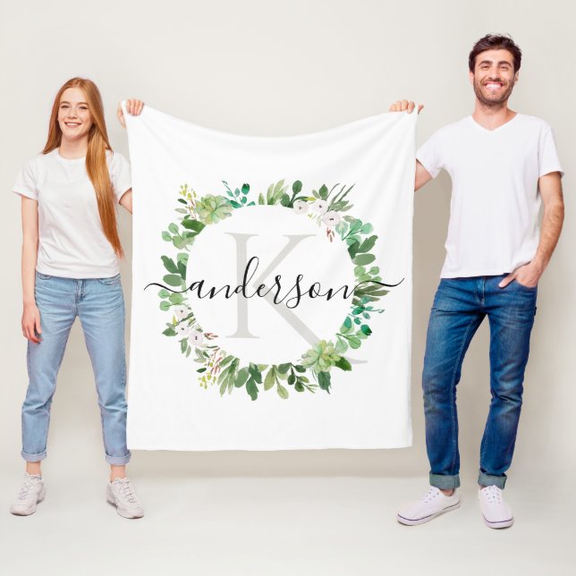 COOL SUCCULENT WREATH FOLIAGE WATERCOLOR MONOGRAM FLEECE BLANKET (In Situ)