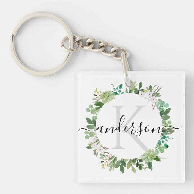 COOL SUCCULENT WREATH FOLIAGE WATERCOLOR MONOGRAM KEY RING (Front)
