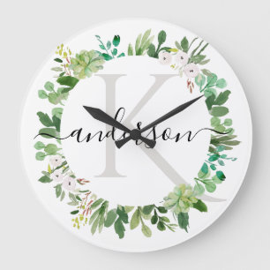 COOL SUCCULENT WREATH FOLIAGE WATERCOLOR MONOGRAM LARGE CLOCK