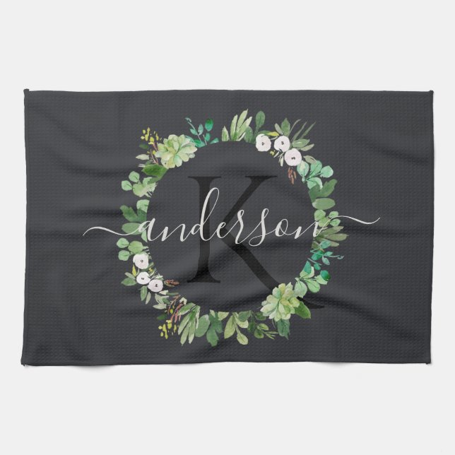 COOL SUCCULENT WREATH FOLIAGE WATERCOLOR MONOGRAM TEA TOWEL (Horizontal)