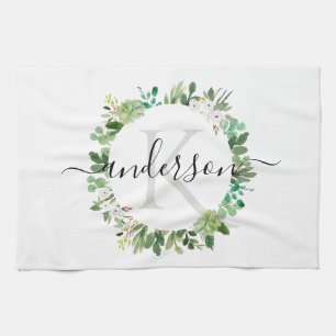 COOL SUCCULENT WREATH FOLIAGE WATERCOLOR MONOGRAM TEA TOWEL