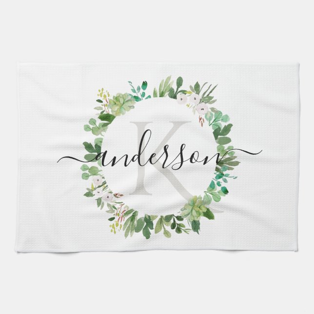 COOL SUCCULENT WREATH FOLIAGE WATERCOLOR MONOGRAM TEA TOWEL (Horizontal)