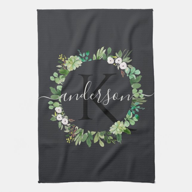 COOL SUCCULENT WREATH FOLIAGE WATERCOLOR MONOGRAM TEA TOWEL (Vertical)