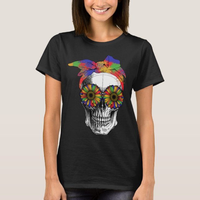 Cool Sugar Skull Bandanna Colourful Sunflower Day  T-Shirt (Front)