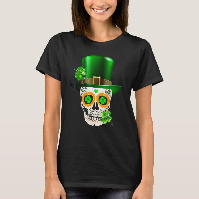 Cool Sugar Skull St Patrick's Day Shamrock Irish L T-Shirt (Front)