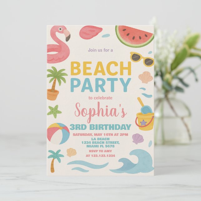 Cool Summer Beach Birthday Invitation & Decor (Standing Front)