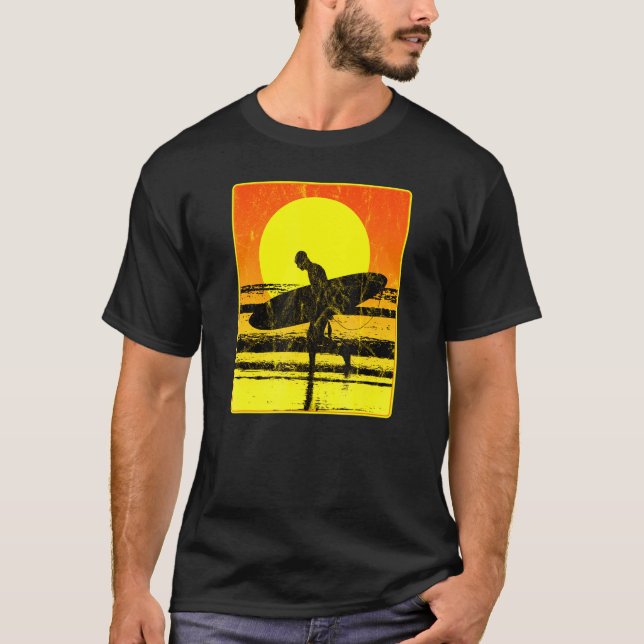 Cool Summer Beach Surfer Sunset Scene T-Shirt (Front)