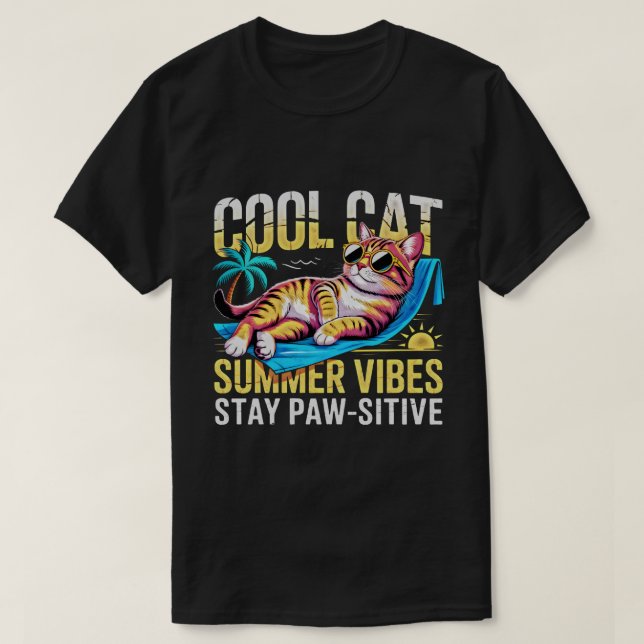 Cool Summer Cat - Funny Retro Beach Vibes Pawsitiv T-Shirt (Design Front)
